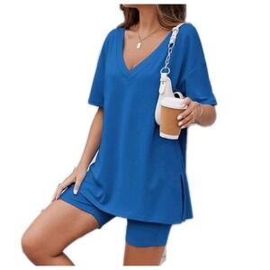 Womens Med ,Pajamas 2 Piece Lounge Set Oversized V Neck Top, Biker Shorts, Blue